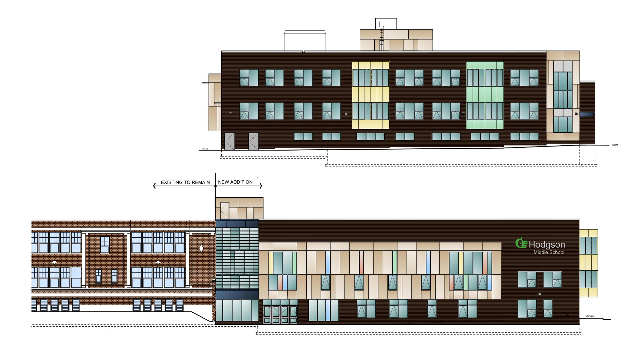 Top is the east elevation of the school looking from the field and the elevation at the bottom is the south elevation looking from Davisville Ave. Open Gallery